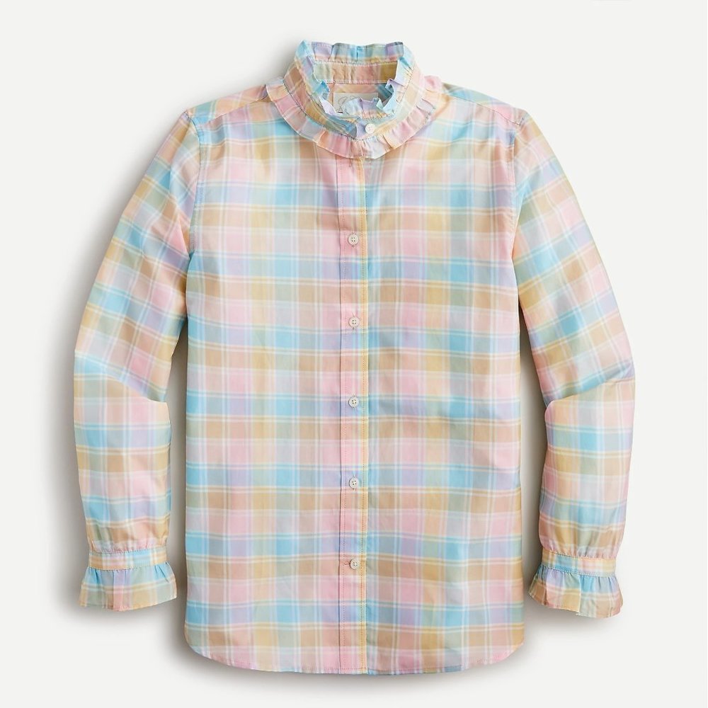 🌈 New 🌈 J Crew Classic-Fit Cotton-Silk Voile Ruffleneck Shirt in Pastel Plaid - Picture 4 of 13